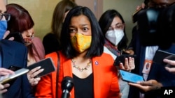 FILE - Rep. Pramila Jayapal, D-Wash, speaks with reporters on Capitol Hill, Oct. 1, 2021.
