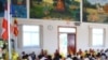 Cambodian Americans gather a meeting in a pagoda. 