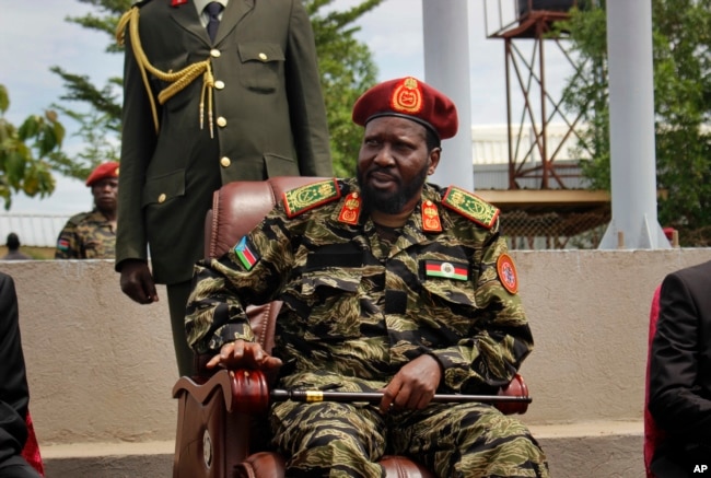 South Sudan's President Salva Kiir attends a ceremony marking the 34th anniversary of the Sudan People's Liberation Army (SPLA) in the capital Juba, South Sudan Thursday, May 18, 2017.