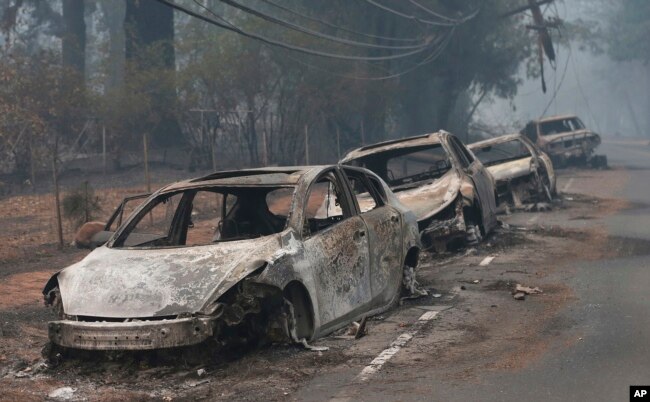The burned out hulks of cars abandoned by their drivers sit along a road in Paradise, Calif., Nov. 9, 2018.