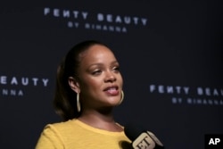 Singer Rihanna attends the launch of her beauty brand "Fenty Beauty by Rihanna" at Duggal Greenhouse, Sept. 7, 2017 in Brooklyn, NY.