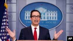 Treasury Secretary Steve Mnuchin speaks during a news briefing at the White House, in Washington, July 15, 2019. 