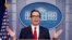 Treasury Secretary Steve Mnuchin speaks during a news briefing at the White House, in Washington, July 15, 2019. 
