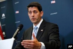 House Speaker Paul Ryan of Wisconsin, speaks about Harvey relief efforts after a meeting with House Republicans, on Capitol Hill in Washington, Sept. 6, 2017.