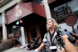 Mayor Nan Whaley speaks to members of the media, Aug. 6, 2019, outside Ned Peppers bar in the Oregon District after a mass shooting early Sunday in Dayton.