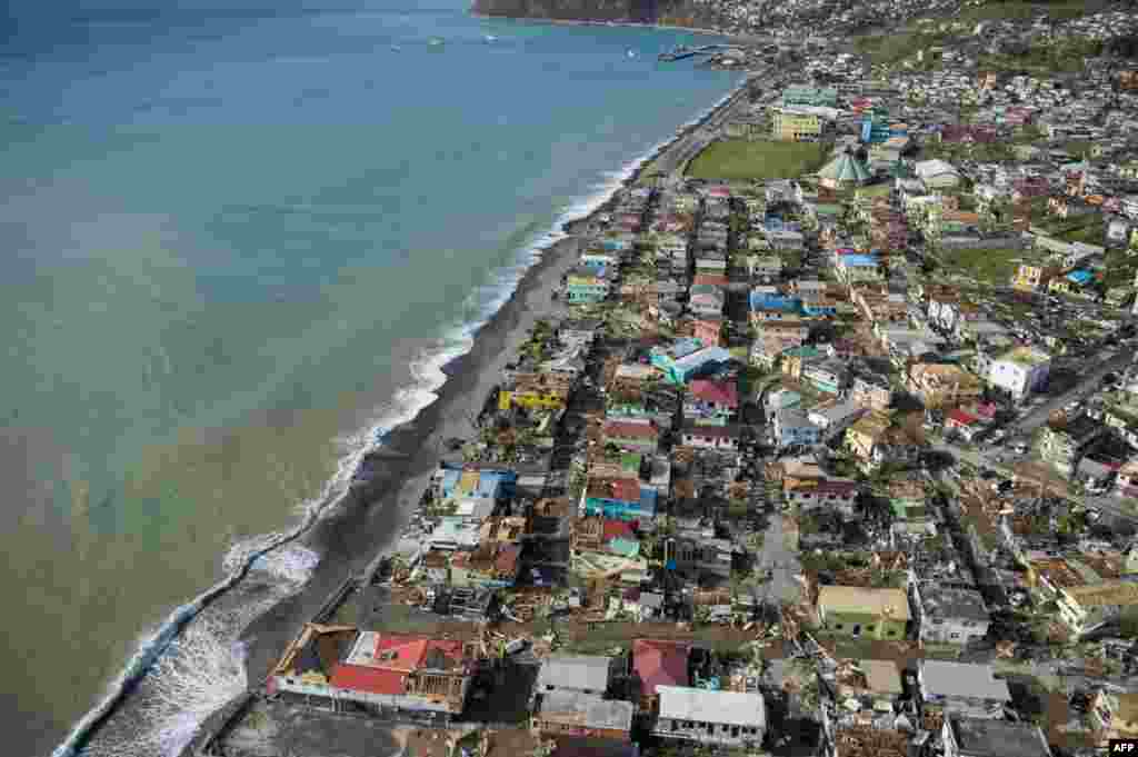 An aerial view of Roseau, capital of the Caribbean island Dominica, shows destruction three days after passage of Hurricane Maria.