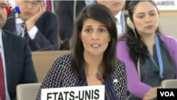 Duta besar AS untuk PBB, Nikki Haley menghadiri sidang Dewan HAM PBB di Jenewa, Swiss, Selasa (6/6). 