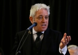 FILE - In this file photo dated Thursday, March 22, 2018, John Bercow, Speaker of the House of Commons speaks at Westminster Hall inside the Palace of Westminster in London.