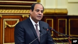 In this photo provided by Egypt's state news agency MENA, Egyptian President Abdel-Fattah el-Sissi, addresses parliament in Cairo, Feb. 13, 2016. 