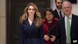 White House Communications Director Hope Hicks, one of President Trump's closest aides and advisers, arrives to meet behind closed doors with the House Intelligence Committee, at the Capitol in Washington, Feb. 27, 2018.
