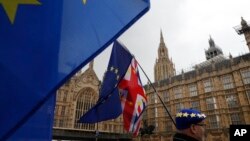 Anti Brexit demonstrators hold up their flags opposite the Houses of Parliament in London, April 3, 2019.