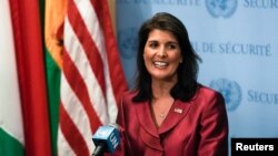 니키 헤일리 유엔주재 미국대사가 지난달 20일 뉴욕 유엔 본부에서 기자회견을 갖고 북한 문제 등에 관해 언급했다.