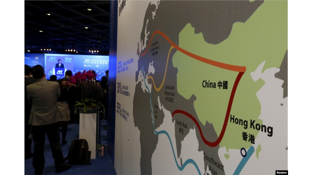 A map illustrating China's silk road economic belt and the 21st century maritime silk road, or the so-called "One Belt, One Road" megaproject, is displayed at the Asian Financial Forum in Hong Kong, China, Jan. 18, 2016.