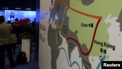 A map illustrating China's silk road economic belt and the 21st century maritime silk road, or the so-called "One Belt, One Road" megaproject, is displayed at the Asian Financial Forum in Hong Kong, China, Jan. 18, 2016. 