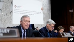 Senator Dick Durbi gives an opening statement before the Senate Judiciary Committee confirmation hearing for Kash Patel, President Donald Trump's choice to be director of the FBI, at the Capitol in Washington, Jan. 30, 2025.