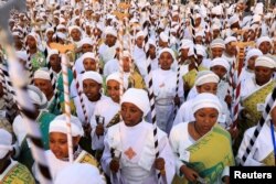 FILE - Members of the Ethiopian Orthodox choir perform during the Meskel festival celebration in Addis Ababa, 27 Sept, 2023.