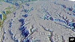 This LIDAR image provided by researchers in January 2024 shows complexes of rectangular platforms arranged around low squares and distributed along wide dug streets at the Kunguints site, Upano Valley in Ecuador. (Antoine Dorison, Stéphen Rostain via AP)