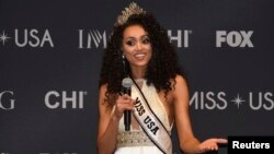 2017 Miss USA Kara McCullough of the District of Columbia speaks during a press conference after the pageant. 