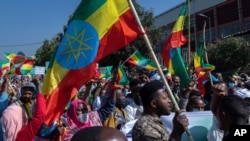 Ethiopians hold national flags as they gather at an event organized by city officials to honor the Ethiopian military, at the Abebe Bikila stadium in the capital Addis Ababa, Ethiopia, Nov. 17, 2020. 