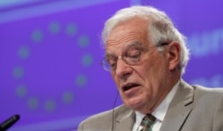 The European High Representative of the Union for Foreign Affairs, Josep Borrell attends a video conference with Europeans Foreign Ministers in Brussels, Belgium, April 22, 2020.