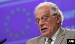 The European High Representative of the Union for Foreign Affairs, Josep Borrell attends a video conference with Europeans Foreign Ministers in Brussels, Belgium, April 22, 2020.