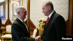 Turkish President Recep Tayyip Erdogan meets with U.S. Defense Secretary Jim Mattis at the Presidential Palace in Ankara, Aug. 23, 2017. 