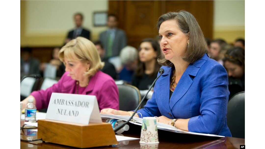 Assistant Secretary for European and Eurasian Affairs Victoria Nuland, right, accompanied Assistant Secretary of State for Near Eastern Affairs Anne Patterson, testifies on Capitol Hill in Washington, Nov. 4, 2015, before the House Foreign Affairs Committ