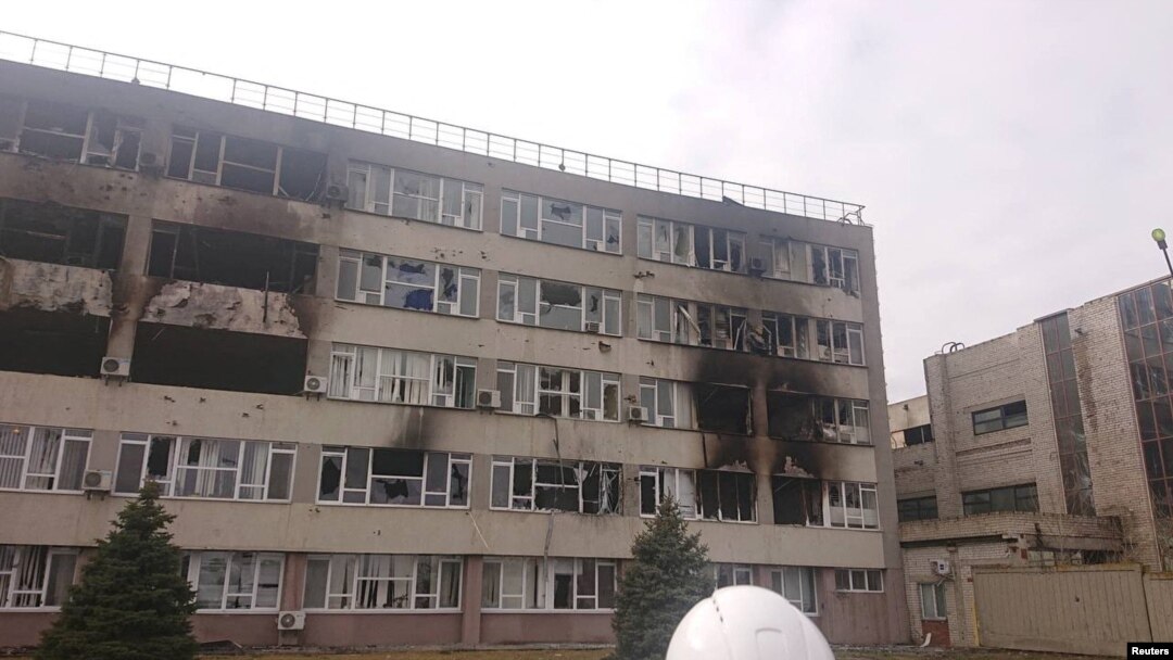 A view of a damaged building at the Zaporizhzhia Nuclear Power Plant compound in Enerhodar