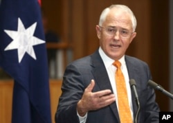 FILE - Australian Prime Minister Malcolm Turnbull speaks to the media during a press conference at Parliament House in Canberra, Australia.