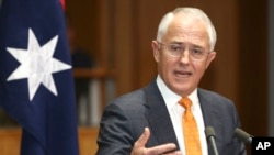 FILE - Australian Prime Minister Malcolm Turnbull speaks to the media during a press conference at Parliament House in Canberra, Australia.