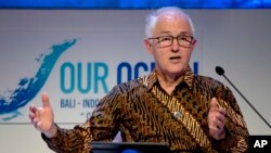 Australia's former Prime Minister Malcolm Turnbull delivers his speech during the Our Ocean Conference in Bali, Indonesia, Oct. 29, 2018. 