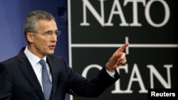 FILE - NATO Secretary-General Jens Stoltenberg addresses a news conference ahead of a NATO defence ministers meeting at the Alliance headquarters in Brussels, Belgium, Feb. 14, 2017. 
