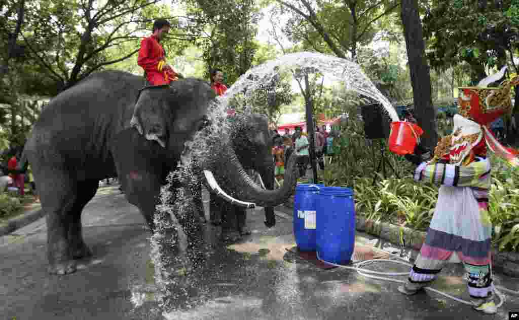 A mascot dressed as a ghost splashes water to an elephant ahead of the Songkran festival, Thai New Year celebration, at Dusit Zoo in Bangkok, Thailand.