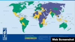 Україна на «мапі свободи» – частково вільна (жовтий колір; фіалковий – невільні країни)