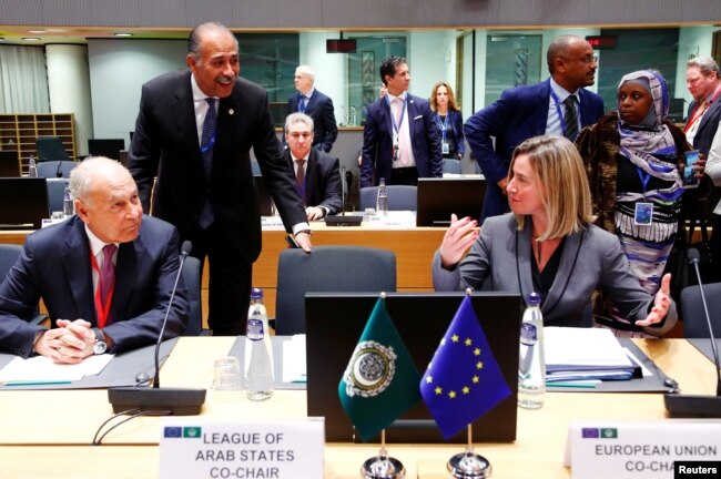 Arab League Secretary-General Ahmed Abul Gheit and EU foreign policy chief Federica Mogherini attend a joint meeting of European Union and League of Arab States foreign ministers in Brussels, Belgium, Feb. 4, 2019.
