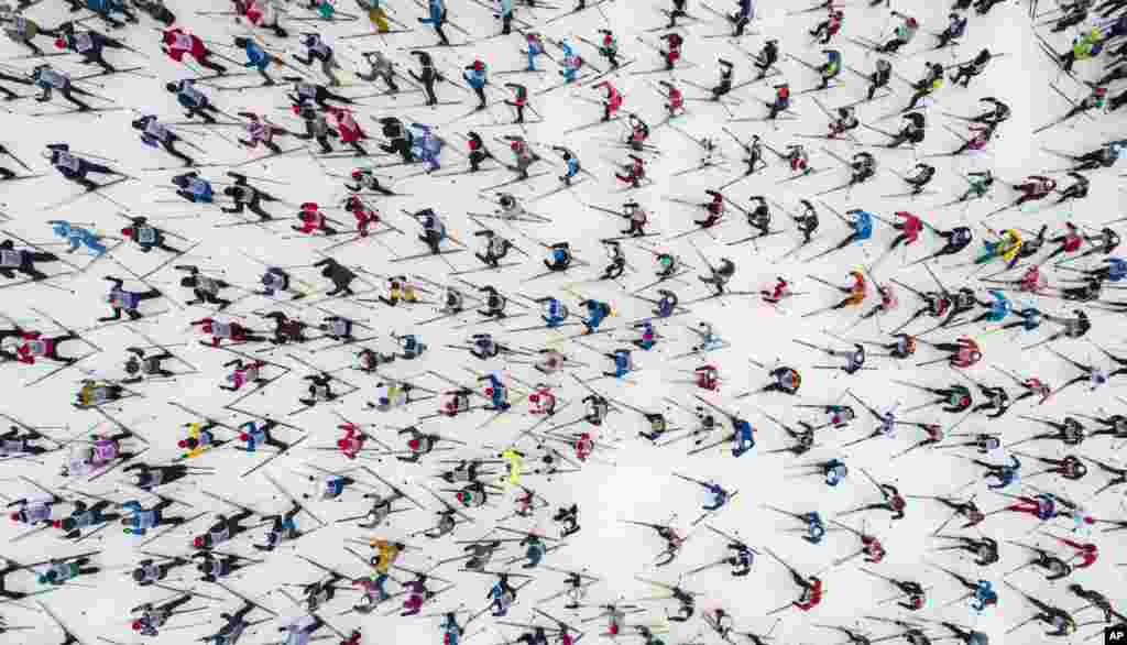 Skiing enthusiasts start in the traditional mass skiing competition &quot;Ski-track of Russia,&quot; just outside Moscow, Feb. 9, 2019.