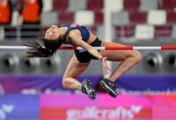 Hong Kong's Yeung Man Wai competes in the women's high jump final at the Asian Athletics Championships in Doha, Qatar, Tuesday, April 23, 2019. (AP Photo/Vincent Thian)