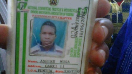 The ID Card of a dead suspected Boko Haram member killed this morning in Abuja, September 20, 2013.