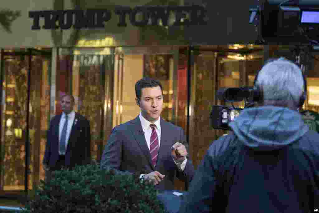 A morning television crew does a live broadcast outside Trump Tower Saturday morning in New York.