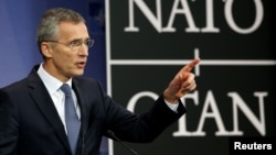 NATO Secretary-General Jens Stoltenberg addresses a news conference ahead of a NATO defence ministers meeting at the Alliance headquarters in Brussels, Belgium, Feb. 14, 2017. 