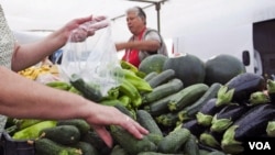 Seorang warga Spanyol berbelanja mentimun di pasar El Alquian, kawasan Almeria. Warga di Jerman telah diperingatkan untuk menghindari semua jenis mentimun, daun selada dan tomat mentah untuk menghindari perebakan E.coli.