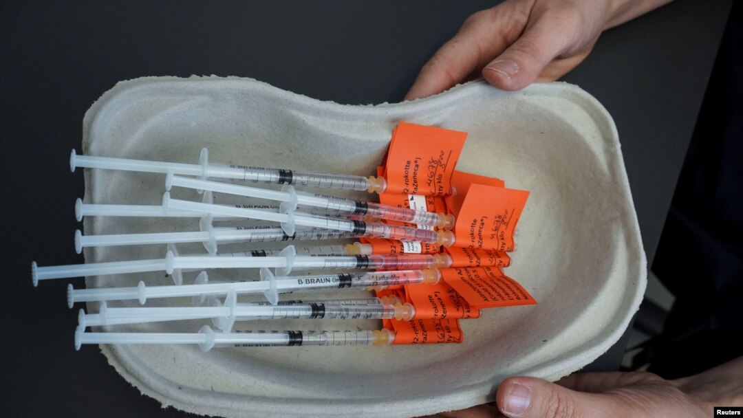 FILE - Syringes with AstraZeneca vaccine against the coronavirus disease (COVID-19) are pictured in Laakso hospital in Helsinki, Finland, March 11, 2021.