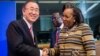 United Nations Secretary General Ban Ki-moon, left, greets Central African Republic President Catherine Samba-Panza as he arrives for a meeting on Central African Republic prior to the EU Africa summit at the EU Council building in Brussels, April 2, 2014.