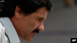 Joaquin "El Chapo" Guzman, pemimpin kartel narkoba Sinaloa, saat digiring oleh marinir Meksiko menuju helikopter di Mexico City, Sabtu (22/2). (AP /Marco Ugarte)