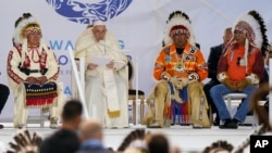 FILE - Pope Francis apologizes to Indigenous peoples for abuses committed by missionaries during a visit at Maskwaci, the former Ermineskin Residential School, Monday, July 25, 2022, in Maskwacis, Alberta. In other words, he offered a mea culpa. (AP Photo/Eric Gay/File photo)