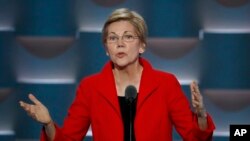FILE - Sen. Elizabeth Warren, D-Mass., speaks during the Democratic National Convention in Philadelphia , July 25, 2016. 