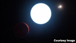 This artist's impression shows a view of the triple star system HD 131399 from close to the giant planet orbiting in the system. The planet is known as HD 131399Ab and appears at the lower-left of the picture. (Photo courtesy of ESO)