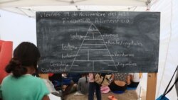 A girl copies the food pyramid at the Sidewalk School for Children Asylum seekers in Reynosa. (Dylan Baddour/VOA)