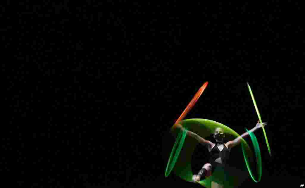 A member of National Circus Foundation of Venezuela takes part in a streamed performance of the Caracas International Theater Festival Preface, at the National Theatre in Caracas, April 26, 2020.