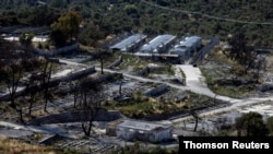 A view of the destroyed Moria camp for refugees and migrants on the island of Lesbos, Greece, June 3, 2021.